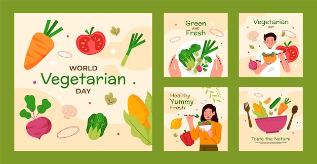 Flat instagram posts collection for world vegetarian day celebration