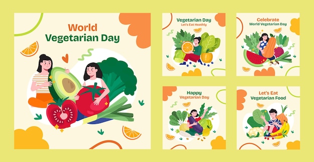 Flat instagram posts collection for world vegetarian day celebration