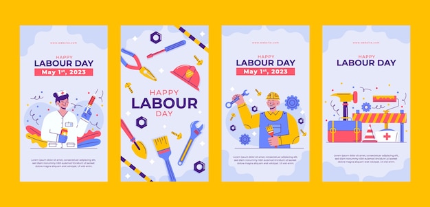 Flat instagram stories collection for 1st may labor day celebration