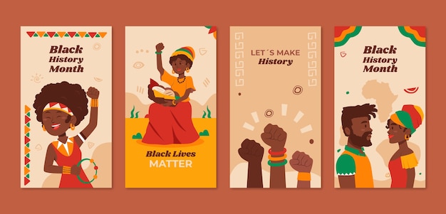 Vettore collezione di storie flat su instagram per la celebrazione del mese della storia nera