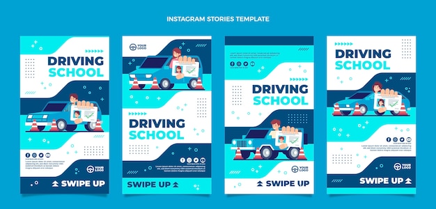 Vector flat instagram stories collection for driving school