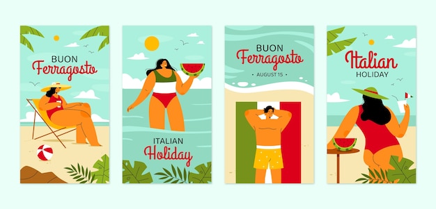 Collezione di storie di instagram piatte per la celebrazione di ferragosto