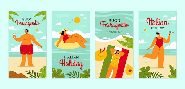 Collezione di storie di instagram piatte per la celebrazione di ferragosto