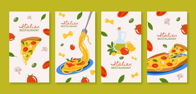 Плоская коллекция историй instagram для ресторана итальянской кухни