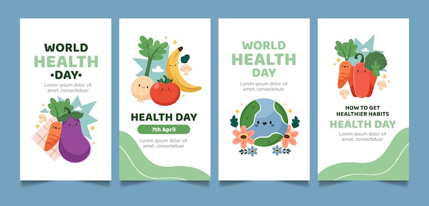 Вектор Коллекция плоских историй instagram для празднования всемирного дня здоровья