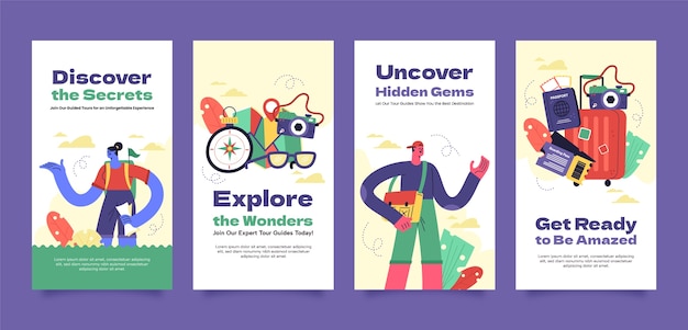 Vector flat instagram stories collection for guided tours