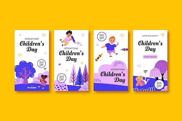 Vector flat instagram stories collection for international childrens day celebration