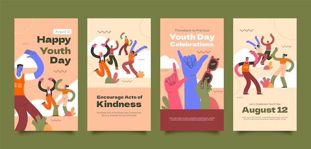 Flat instagram stories collection for international youth day celebration