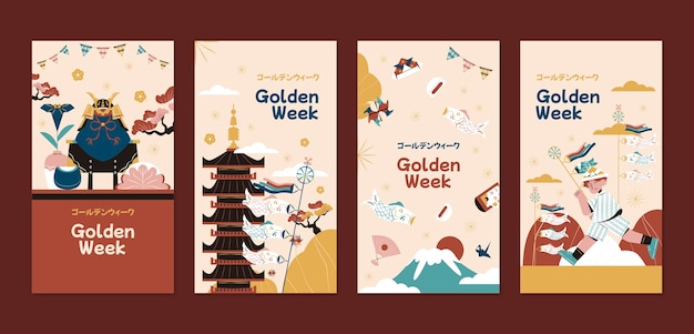 Vettore collezione di storie flat su instagram per la celebrazione della settimana d'oro giapponese
