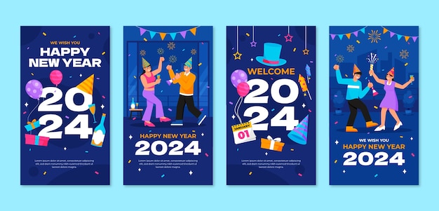 Flat instagram stories collection for new year 2024 celebration