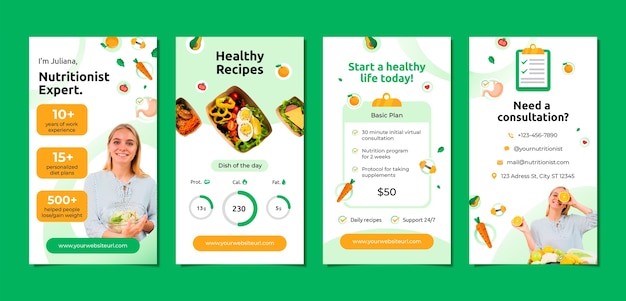 Flat instagram stories collection for nutritionist