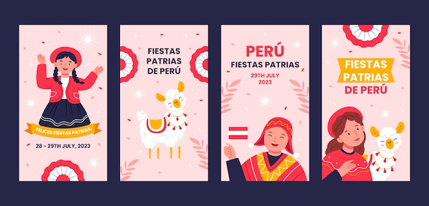 Vettore raccolta di storie di instagram piatte per le celebrazioni delle feste peruviane patrias