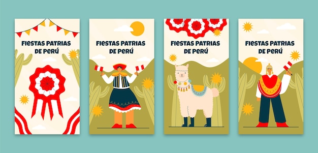 Vettore raccolta di storie di instagram piatte per le celebrazioni delle feste peruviane patrias