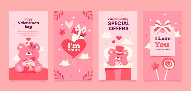 Плоская коллекция инстаграм-историй для празднования дня святого Валентина