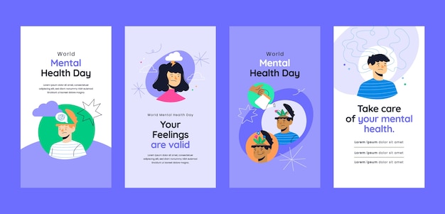 Flat instagram stories collection for world mental health day awareness