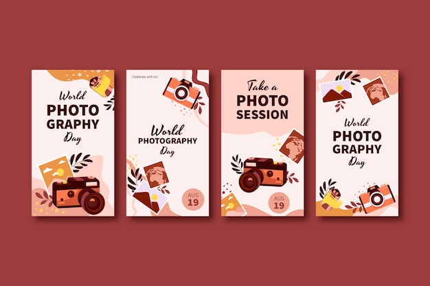 Vector flat instagram stories collection for world photography day celebration