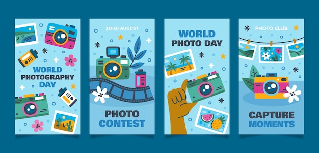 Flat instagram stories collection for world photography day celebration