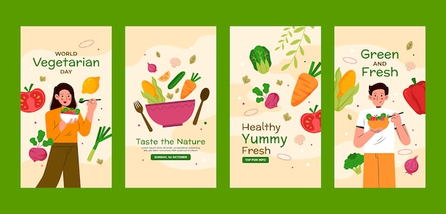 Flat instagram stories collection for world vegetarian day celebration