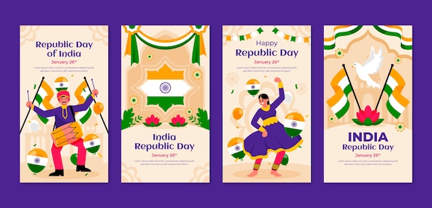 Vector flat instagram verhalen verzameling voor de indiase dag van de republiek vakantie