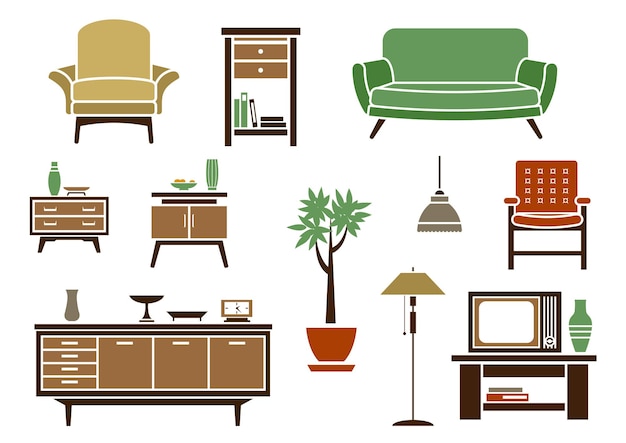 Vector flat interior decorations and furniture icons set with chair, wardrobe, bed, lamp, dresser, nightstand and tv