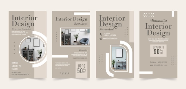 Vector flat interior design and home decor instagram stories collection