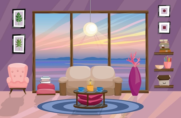 Vector flat interior design landscape with beautiful sunset outside the window living room design