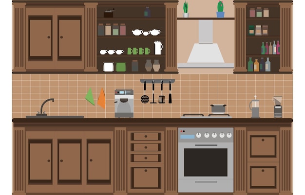 Вектор Плоский интерьер кухни или кухонной зоны в коричневых тонах