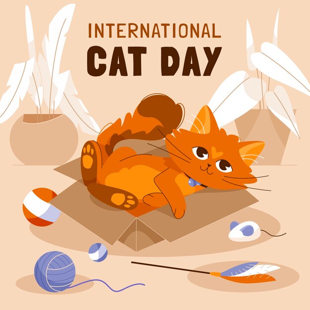 Vector flat international cat day illustration with cat in box