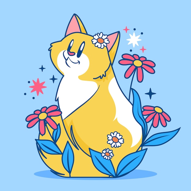 Vector flat international cat day illustration with cat and flowers