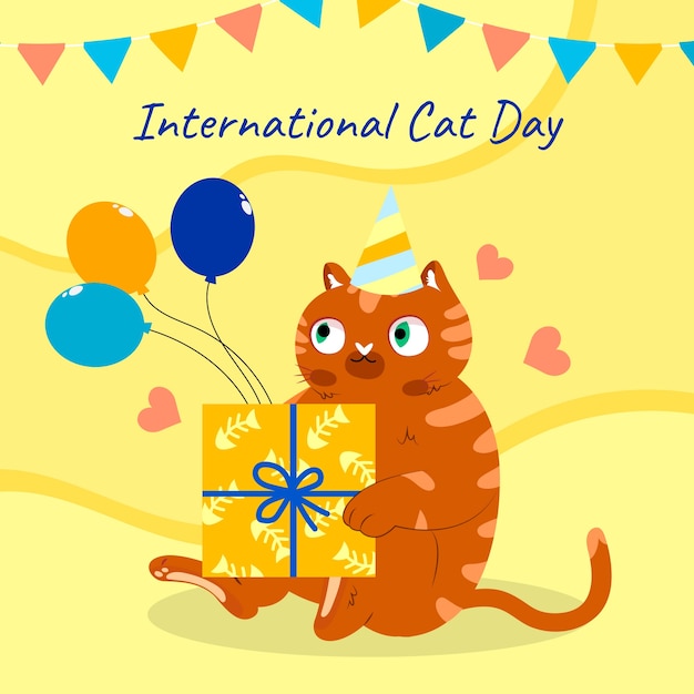 猫がプレゼントを持っているフラットな国際猫の日のイラスト