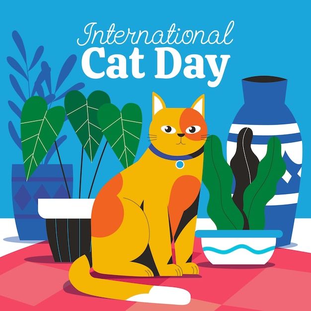 Flat international cat day illustration with cat and plants