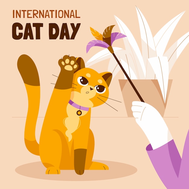 Vector flat international cat day illustration with cat playing