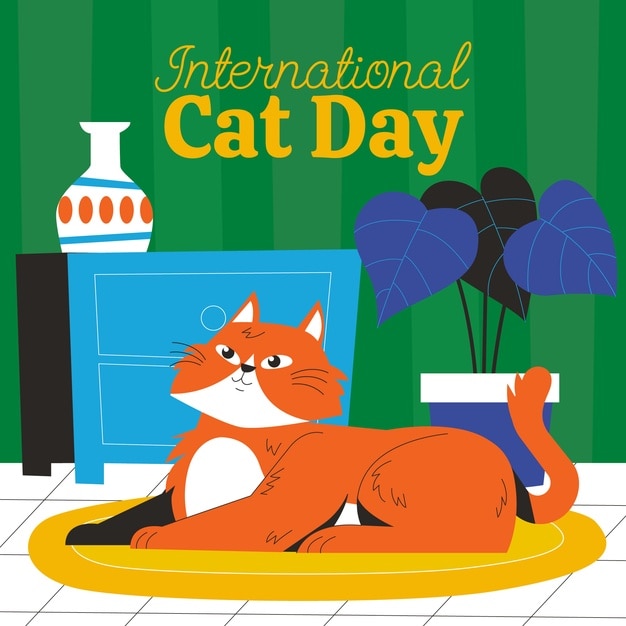 Flat international cat day illustration with cat on rug