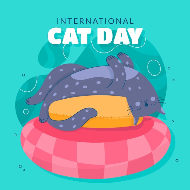 Vector flat international cat day illustration with cat upside down