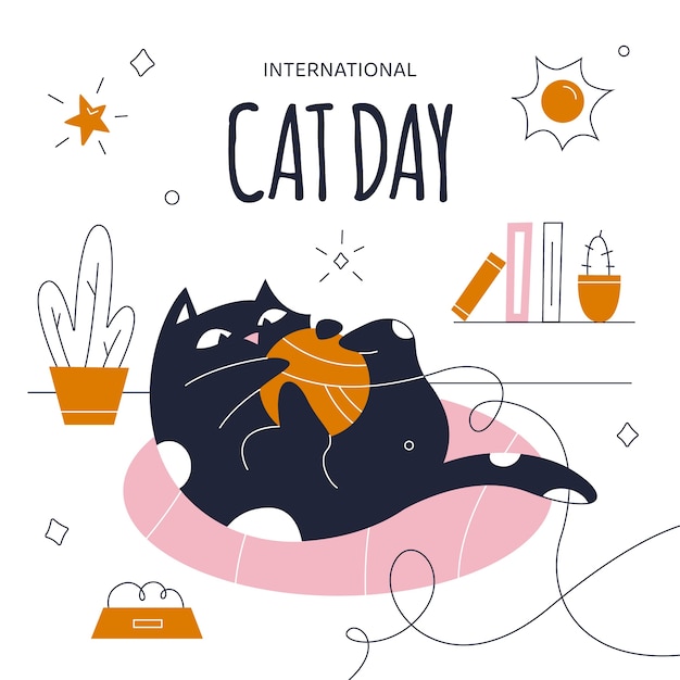 Flat international cat day illustration with cat and yarn