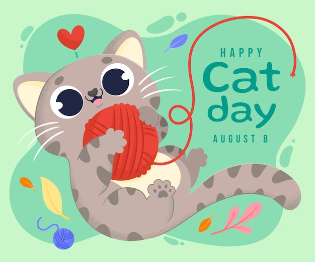 Vector flat international cat day illustration with cat and yarn