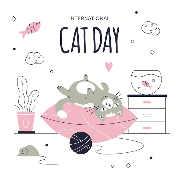 Flat international cat day illustration with cat