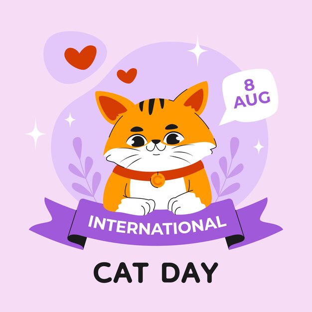 Flat international cat day illustration with cat