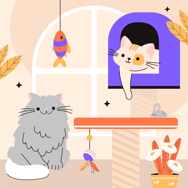 Vector flat international cat day illustration with cats playing