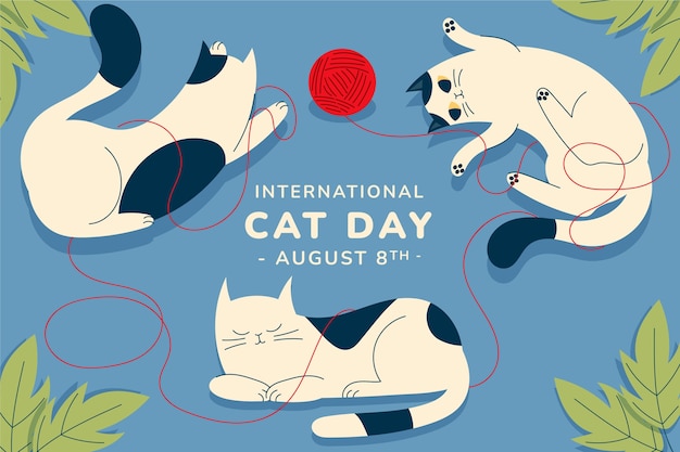 Vector flat international cat day illustration with cats and yarn