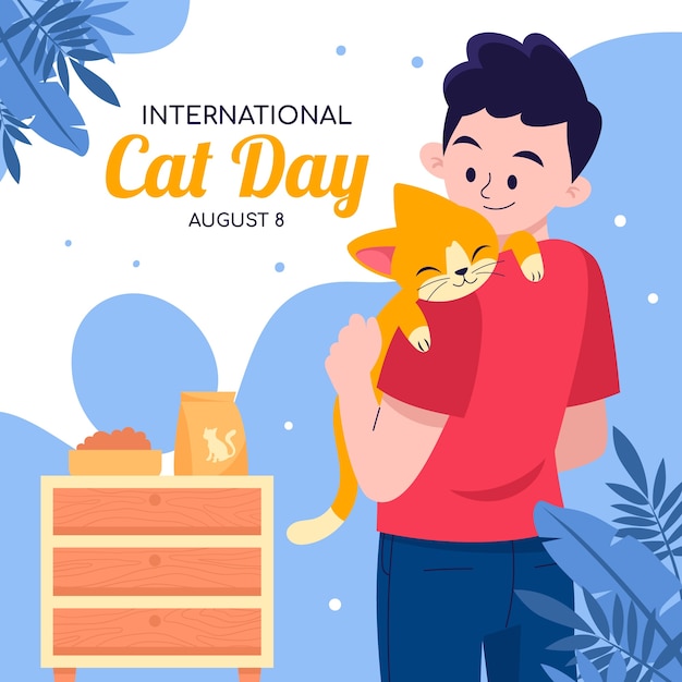 Vector flat international cat day illustration with man holding cat