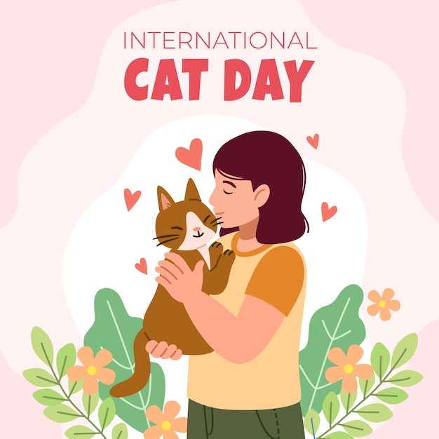 女性と猫とフラットな国際猫の日のイラスト