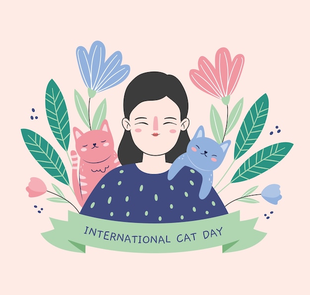 女性と猫とフラットな国際猫の日のイラスト