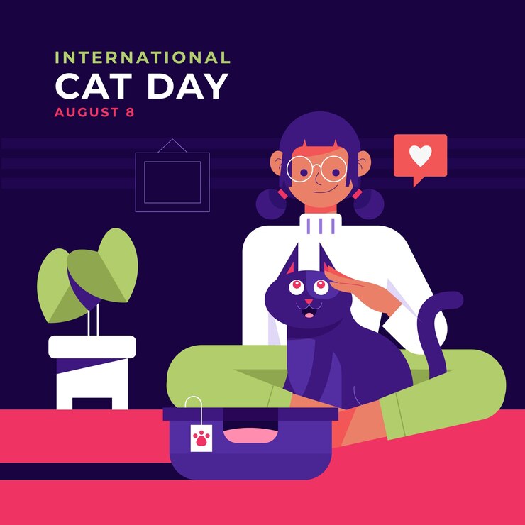 Vector flat international cat day illustration with woman petting cat