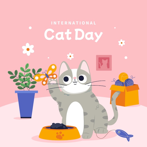 Vettore illustrazione della giornata internazionale del gatto piatto