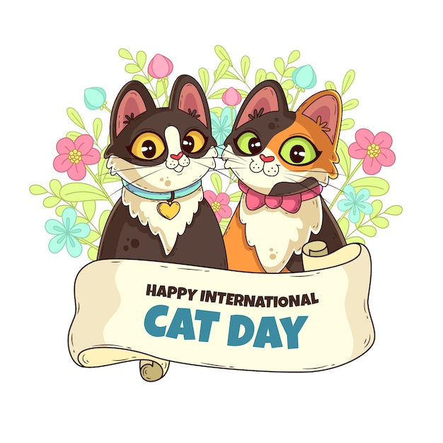 Вектор Плоская иллюстрация международного дня кошек