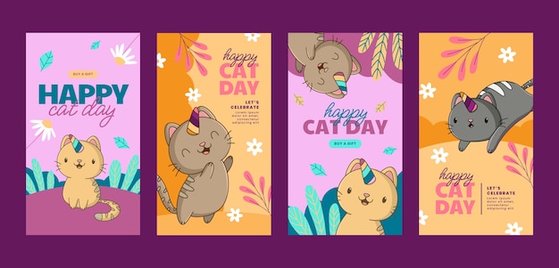 Flat international cat day instagram stories collection