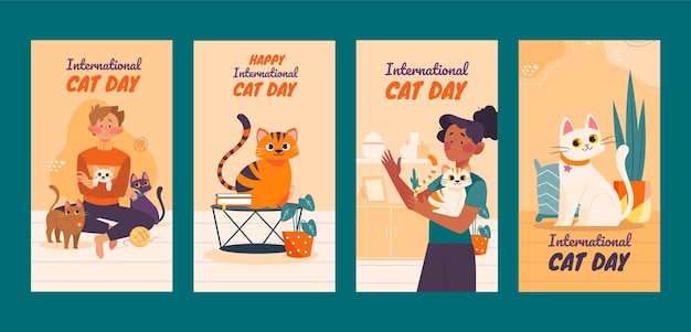 Vettore collezione di storie di instagram per la giornata internazionale del gatto piatto