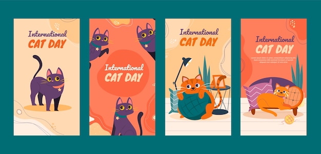 Flat international cat day instagram stories collection