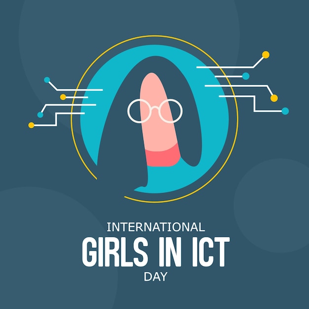 여자 머리 마스코트와 전기 회로가 있는 Ict Day 포스터 디자인의 평평한 국제 소녀